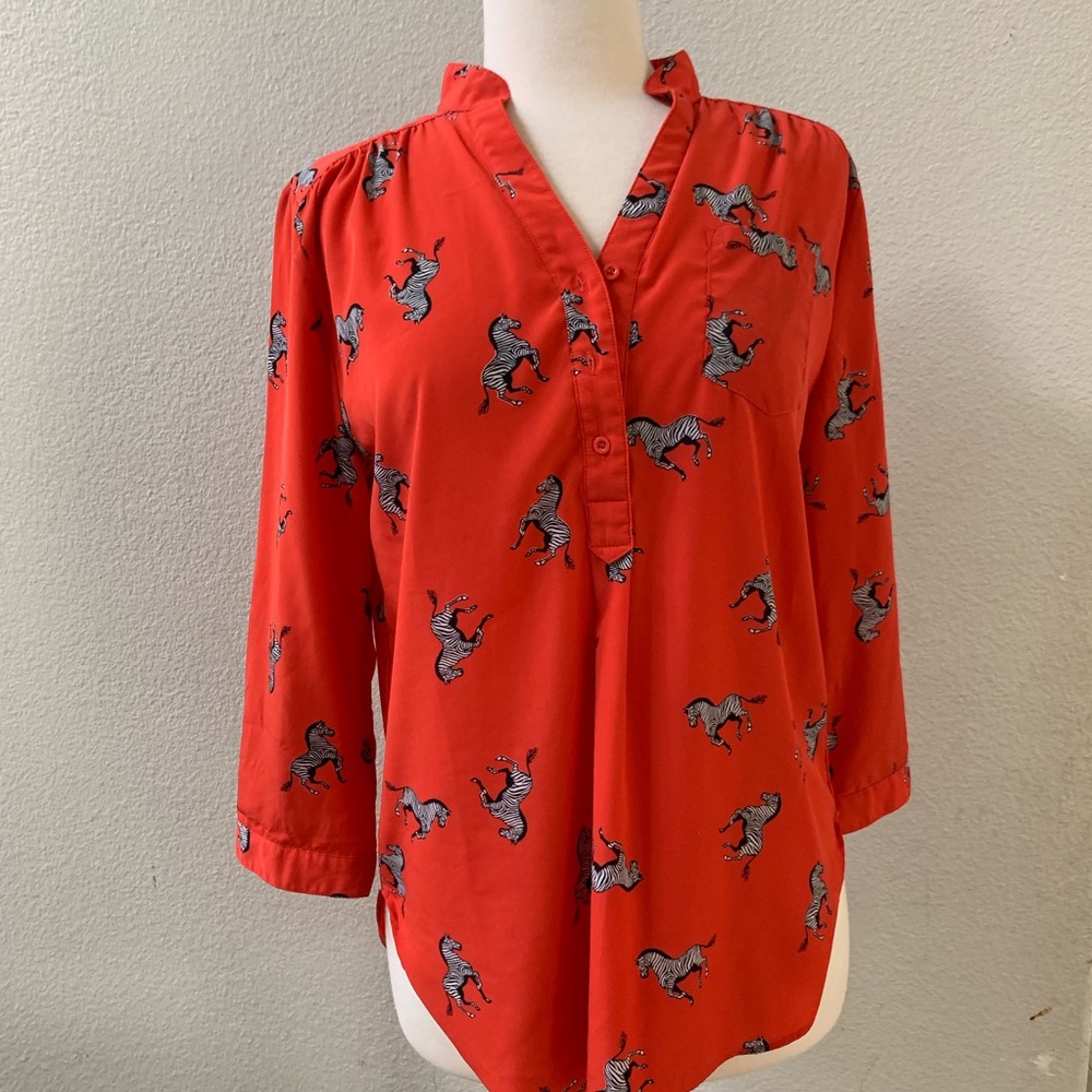 C Wonder Red Zebra Print Button Down Silk Blouse - image 2